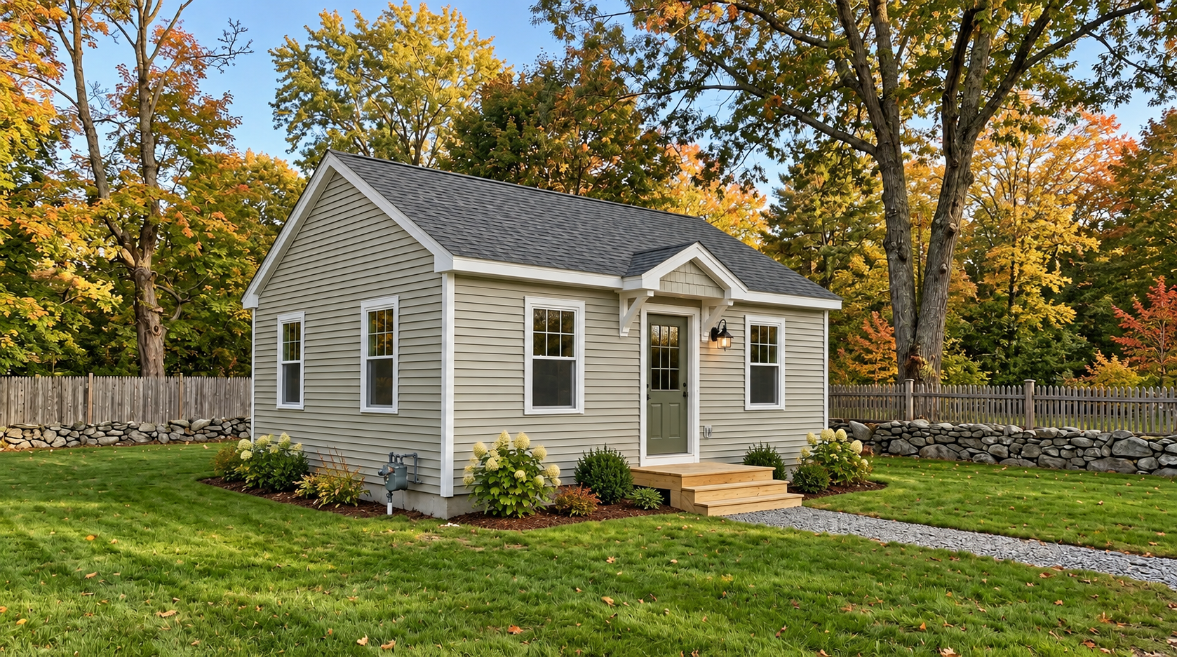 Small detached ADU cottage with clapboard siding and a wood entry step
