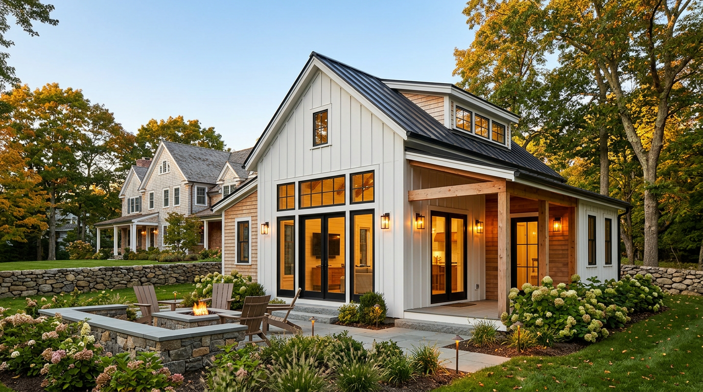 Custom board-and-batten ADU with metal roof, covered porch and stone fire pit patio