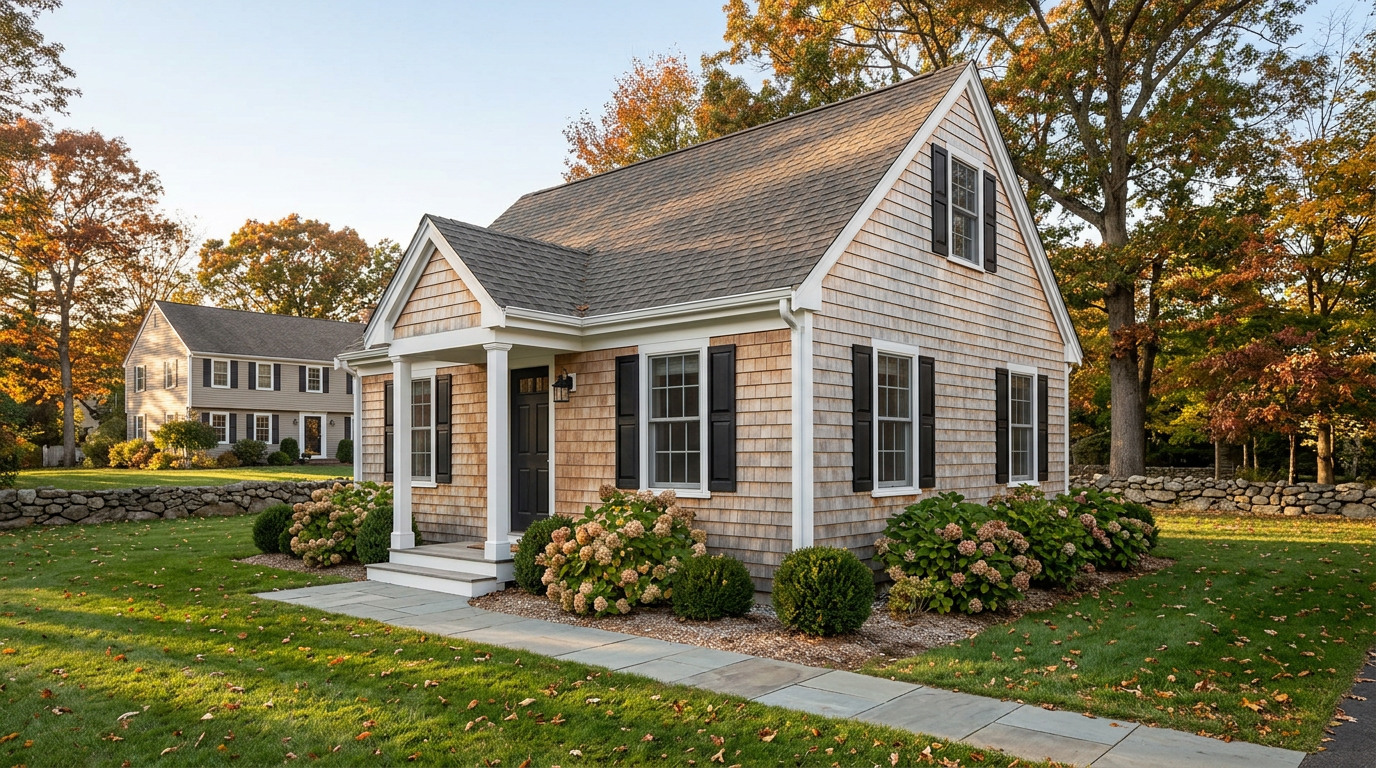 Cedar-shingled Cape-style ADU with covered porch and black shutters