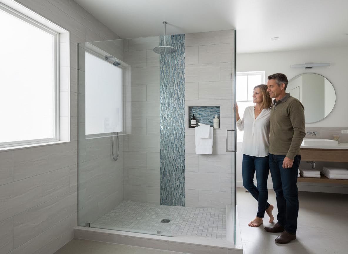 Couple admiring their newly remodeled walk-in shower