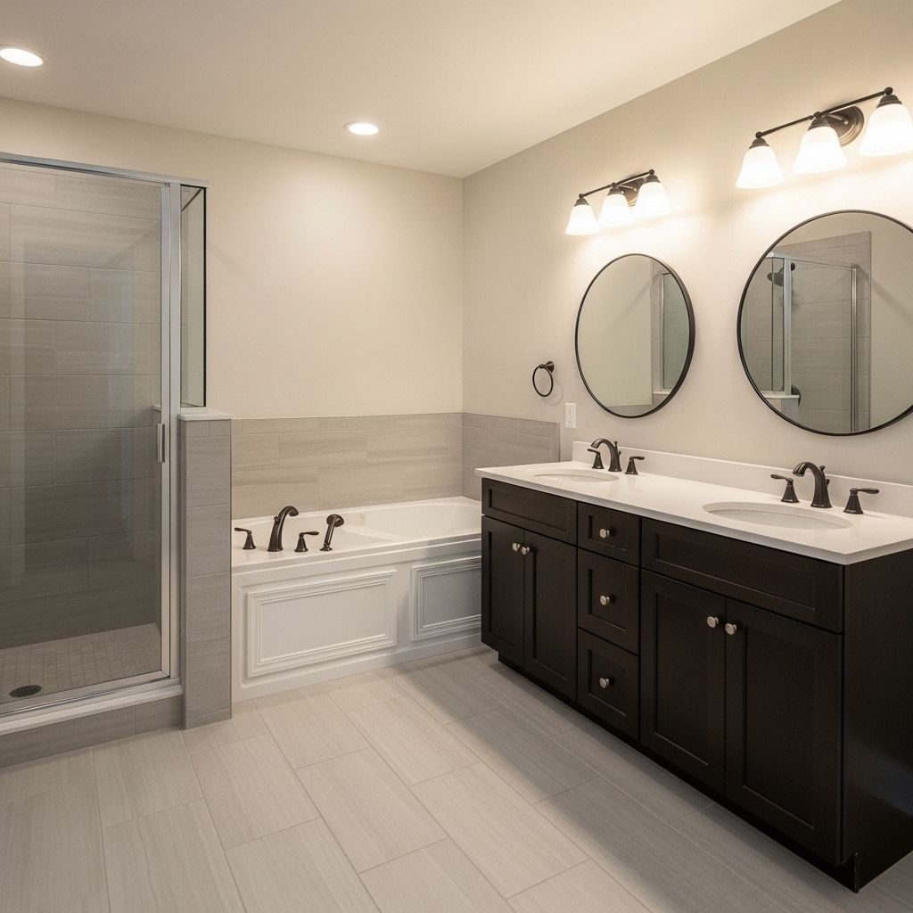 Modern bathroom with dark vanity and soaking tub