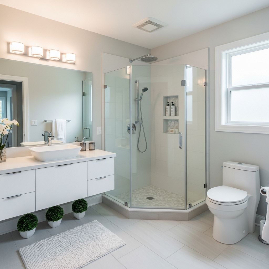 Clean modern bathroom with corner shower and vessel sink