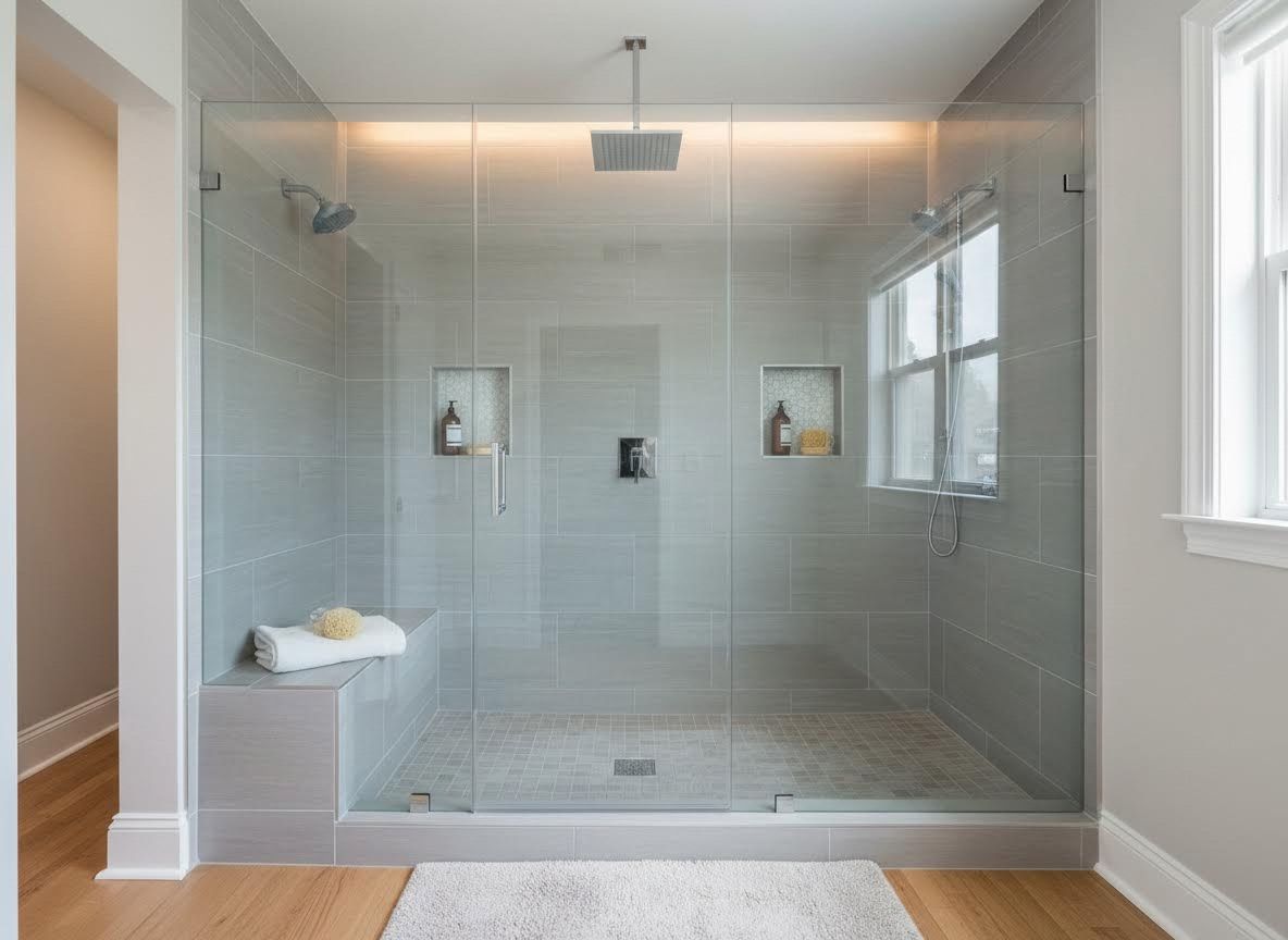 Custom walk-in shower with glass enclosure and dual showerheads