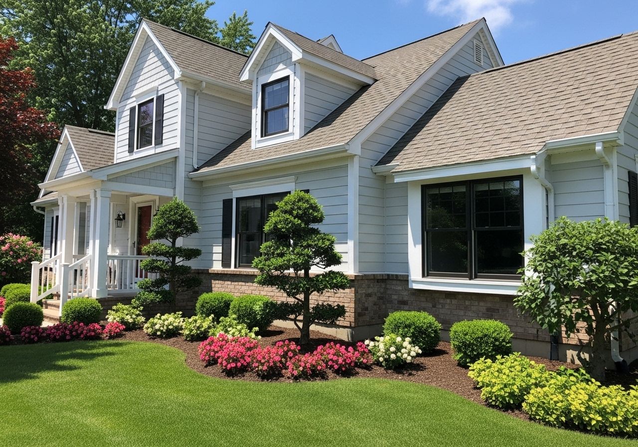 Blue-gray Cape Cod style home with professional landscaping