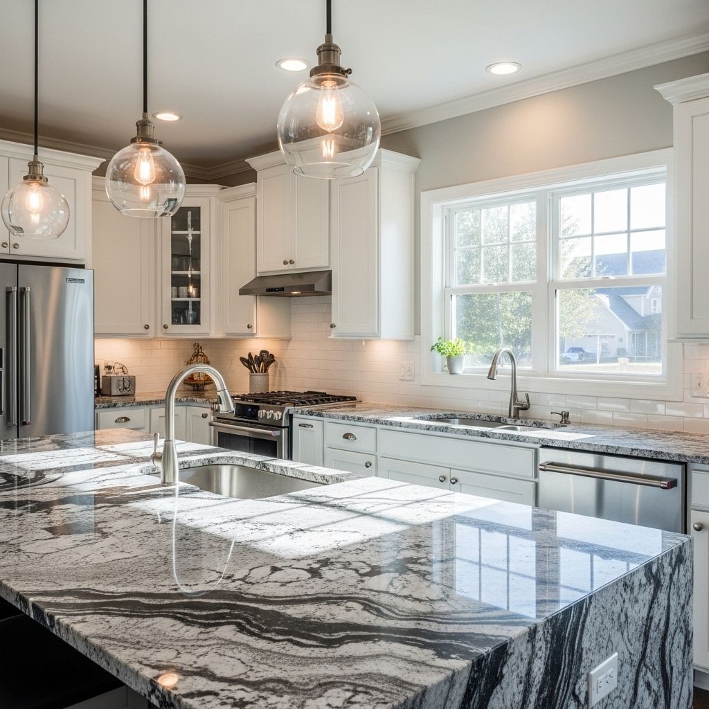 White kitchen with marble countertops and pendant lighting